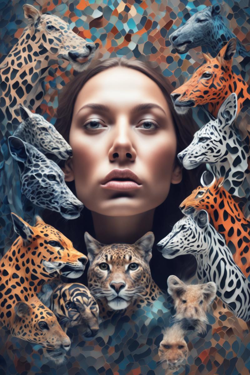 00149-1324384429-_lora_Surreal Harmony_1_Surreal Harmony - a digital artwork of a person's face morphing into a mosaic of animals.png